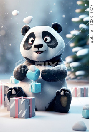 Panda bear with gift box on blurred winter background. Portrait of a cute Christmas panda sitting under snowfall. Copy space. . Panda bear with gift box on blurred winter background. Portrait of a cute Christmas panda sitting under snowfall. Copy space. . 108813878
