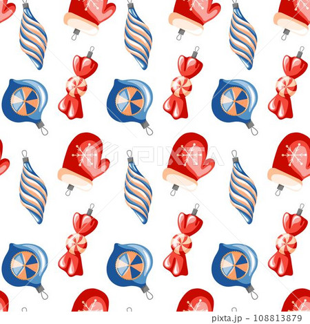 Christmas tree decoration seamless pattern in cartoon style. Winter holidays tree toys in a shape of mitten, candy. Vector illustration isolated on a white background. Christmas tree decoration seamless pattern in cartoon style. Winter holidays tree toys in a shape of mitten, candy. Vector illustration isolated on a white background. 108813879