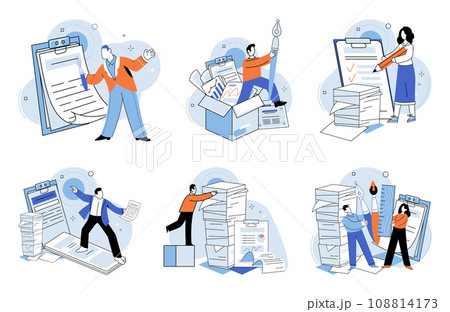 Paperwork. Vector illustration. There is heavy workload includes handling lot paperwork The deadline for task is approaching quickly The individual is always busy with paperwork and other job 108814173