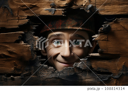 A cute kind elf looks through a hole in a wooden fence. Christmas character. 108814314