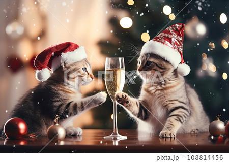 Two cute cats in Christmas hats next to a glass of champagne in the background of Christmas decorations. Fluffy cats with cozy Christmas lights in the background. Two cute cats in Christmas hats next to a glass of champagne in the background of Christmas decorations. Fluffy cats with cozy Christmas lights in the background. 108814456