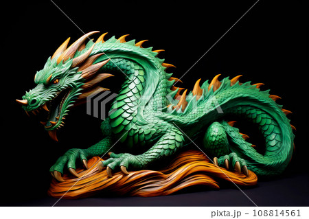 Green dragon statue. Symbol of 2024 on blurred background. Green Chinese dragon wooden sculpture. Mythological creature. Green fantasy dragon. 108814561