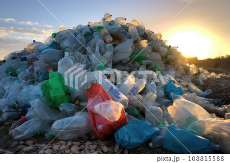 Pile of crumpled plastic bottles at a landfill 108815588