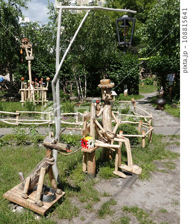 Kiev, Ukraine May 16, 2021: "Glade of Fairy Tales" site in the Kiev residential courtyard Kiev, Ukraine May 16, 2021: "Glade of Fairy Tales" site in the Kiev residential courtyard 108815641