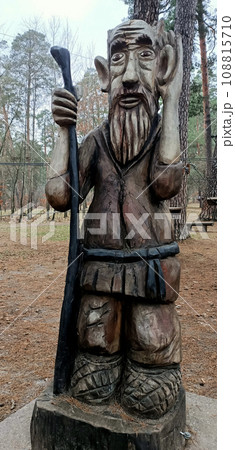 Kiev, Ukraine January 11, 2021: Fairy tale characters in the park made of wood Kiev, Ukraine January 11, 2021: Fairy tale characters in the park made of wood 108815710