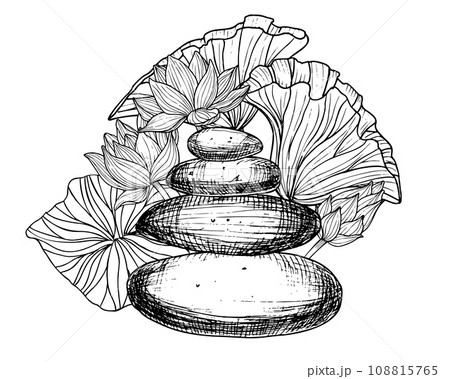 Stack of flat Pebbles with pink Lotuses and leaves. Hand drawn vector illustration of balancing stones and water lily on white isolated background. Linear drawing of rocks for meditation and Zen. 108815765