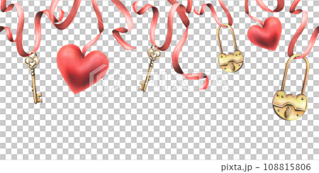 Gold metal padlock with a hole, key heart shape and heart red suspended on red ribbons. Hand drawn watercolor illustration. Seamless border on a white background Gold metal padlock with a hole, key heart shape and heart red suspended on red ribbons. Hand drawn watercolor illustration. Seamless border on a white background 108815806