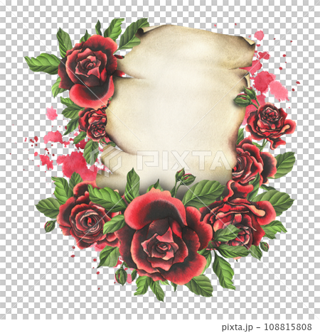 For Valentine's Day, vintage sheet of papyrus paper with red roses flowers. Hand drawn watercolor illustration. Composition with space for text on a white background For Valentine's Day, vintage sheet of papyrus paper with red roses flowers. Hand drawn watercolor illustration. Composition with space for text on a white background 108815808