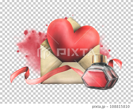 Big red heart in an envelope with ink and ribbon. Hand drawn watercolor illustration. Ready isolated composition on a white background. Big red heart in an envelope with ink and ribbon. Hand drawn watercolor illustration. Ready isolated composition on a white background. 108815810