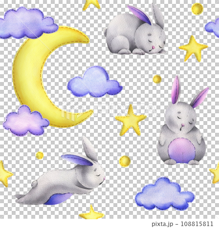 A cute gray bunny stitched sits and sleeps on a yellow moon with hanging stars, dots, clouds. Watercolor illustration, hand drawn. Seamless pattern on a white background 108815811