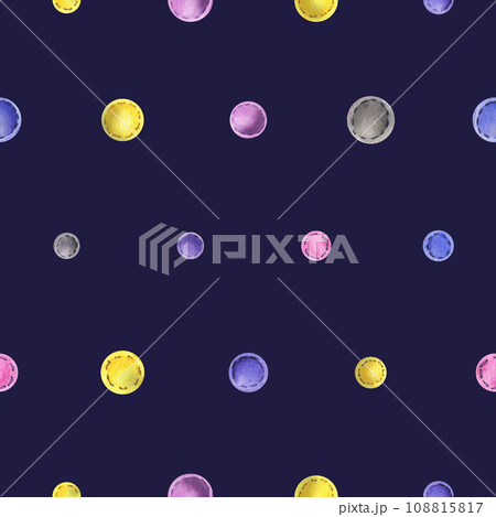 Beads sewn from felt fabric, different colors of yellow, blue, gray, pink with thread stitches. Watercolor illustration, hand drawn. Seamless pattern on a blue background. 108815817