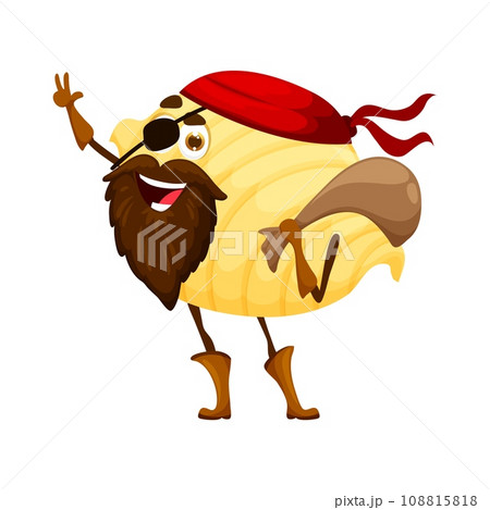 Cartoon conchiglioni Italian pasta pirate character. Pasta bearded filibuster personage with treasure sack. Italy cuisine noodle corsair, conchiglioni meal buccaneer isolated vector comical personage 108815818