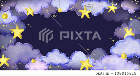 Blank with stars and clouds against the background of the blue night sky. Hand drawn watercolor illustration. Space for the design of certificates, invitations, congratulations, registration. 108815819