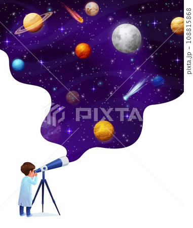 Cartoon kid boy look through telescope to starry galaxy space with planets, vector poster. Planetary education in school, astronomy science and space exploration for kids with galactic stars in sky 108815868