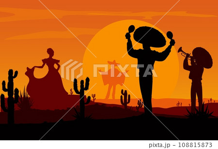 Mexican mariachi musicians and dancing woman silhouettes at desert sunset landscape. Wild West nature vector background with cactuses, orange sky and setting sky, charro cowboys with sombrero, maracas Mexican mariachi musicians and dancing woman silhouettes at desert sunset landscape. Wild West nature vector background with cactuses, orange sky and setting sky, charro cowboys with sombrero, maracas 108815873
