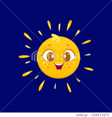 Cartoon cute sun character, vector cheerful sunny personage with smiling face and yellow rays emanating from head. Cute and friendly solar for summer weather forecast, sunscreen cream or children book 108815875