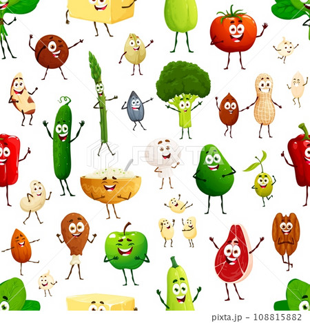Cartoon cute keto diet food characters seamless pattern. Wrapping paper pattern, wallpaper vector seamless background with broccoli, asparagus, cucumber and avocado, mushroom, peanut cute personages 108815882