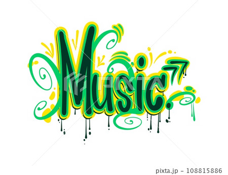 Music graffiti, street art style word, urban text lettering in paint spray, vector airbrush calligraphy. Word Music in graffiti letters with play button arrow and green paint leak drips on wall 108815886