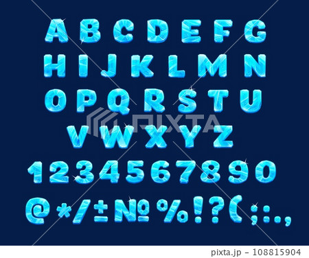 Cartoon ice font, frozen winter type, blue crystal typeface, frost english alphabet. Ice vector font, alphabet frozen letters and digits, latin ABC icy punctuation and numeral symbol from glossy glass 108815904