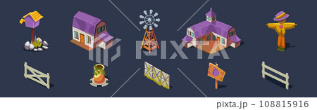 Windmill, House, Scarecrow, Fence, Signboard and Post Box Game Isometric Element Vector Set Windmill, House, Scarecrow, Fence, Signboard and Post Box Game Isometric Element Vector Set 108815916
