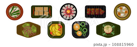 Different Food Served on the Plate Flat Vector Set 108815960