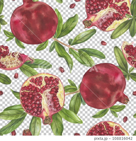 Pomegranate seamless Pattern. Watercolor botanical illustration of red Fruit and leaves. Hand drawn repeating ornament on isolated white background. Drawing of garnet for kitchen textiles and fabrics 108816042