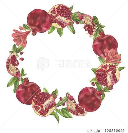 Pomegranate wreath. Watercolor botanical illustration of red Fruit and leaves. Hand drawn clip art on isolated white background. Round frame border template for kitchen utensils and food packaging 108816043