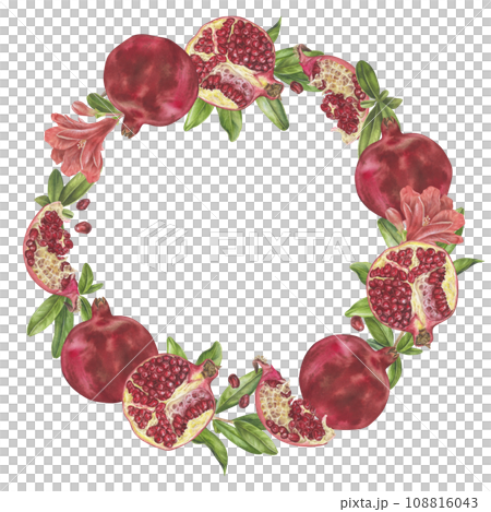 Pomegranate wreath. Watercolor botanical illustration of red Fruit and leaves. Hand drawn clip art on isolated white background. Round frame border template for kitchen utensils and food packaging 108816043
