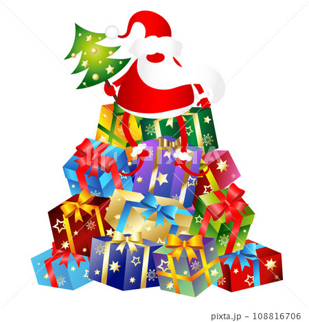Santa Claus with a green tree in his hand and a pile of gifts Santa Claus with a green tree in his hand and a pile of gifts 108816706