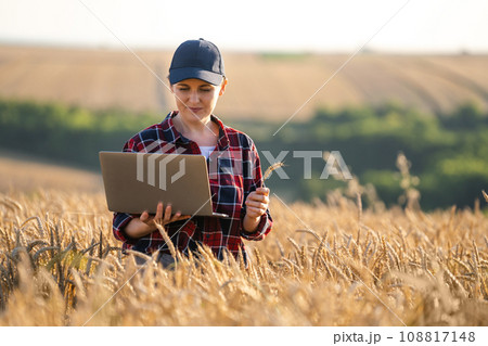 Woman farmer working with laptop on wheat field.  108817148