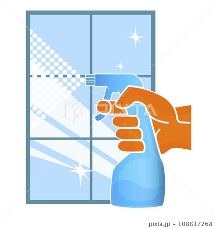 Cleaning tool in hand and window, cleaning and tidying design Cleaning tool in hand and window, cleaning and tidying design 108817268