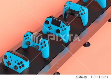 Set of gamer joysticks or gamepads on factory line on orange background 108818024