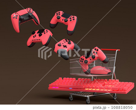 Gamer workspace and gear like mouse, keyboard, joystick in shopping carts Gamer workspace and gear like mouse, keyboard, joystick in shopping carts 108818050