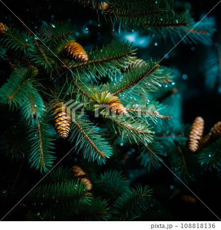 A close up view of a Christmas fir tree frond or a green pine tree branch with snow on black background. 108818136