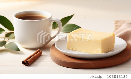 A cup of coffee on a saucer, next to it there is a piece of butter and cinnamon sticks. Buttered coffee is a very satisfying drink that increases energy levels and reduces appetite. 108818185