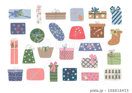 Christmas gift boxes set with ribbon and bow vector illustration, Merry Christmas and Happy New Year festive traditional winter holiday decor, ornament for poster, greeting card, sticker 108818453