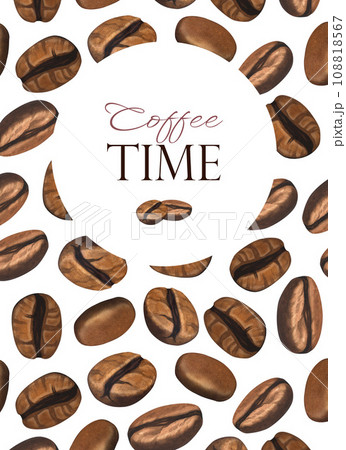 Watercolor frame coffee arabica beans. Hand-drawn illustration isolated on white background. Perfect food menu, concept for cafe, restaurant element, recipe book 108818567