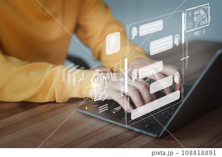 Adult man use technology smart robot AI chatbot. Artificial intelligence by enter prompt for generates something, Futuristic technology transformation. Chat with AI, Artificial Intelligence. 108818891