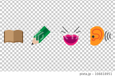 Simple color lineless icons representing the four basic skills necessary for language acquisition Simple color lineless icons representing the four basic skills necessary for language acquisition 108818951