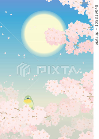 満開の桜とメジロとおぼろ月のイラスト 108819048