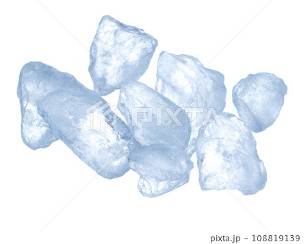 Ice Cubes explosion flying, crystal clear ice wave floating, fall down in air. Ice Brick block cube is frozen water healthy thirsty. White background Isolated high speed shutter, freeze stop motion 108819139