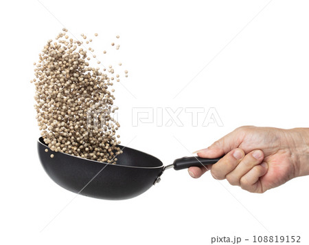 White Pepper seeds fall down pour in steel pan, white Pepper float explode, abstract cloud fly. Peppercorn splash throwing in Air. White background Isolated high speed shutter, freeze motion White Pepper seeds fall down pour in steel pan, white Pepper float explode, abstract cloud fly. Peppercorn splash throwing in Air. White background Isolated high speed shutter, freeze motion 108819152