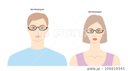 Slim Rectangular frame glasses on women and men flat character fashion accessory illustration. Sunglass front view 108819345
