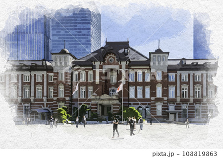 水彩画風 東京駅丸の内駅舎南ドーム 東京都千代田区のイラスト