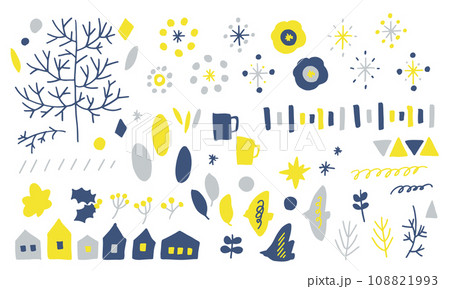 北欧風の草木イラスト。北欧カラーの草木と鳥のベクターイラスト。 北欧風の草木イラスト。北欧カラーの草木と鳥のベクターイラスト。 108821993