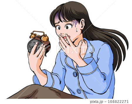 目覚まし時計を見て寝坊したことに絶望するパジャマ姿の若い女性 目覚まし時計を見て寝坊したことに絶望するパジャマ姿の若い女性 108822271