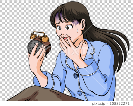 目覚まし時計を見て寝坊したことに絶望するパジャマ姿の若い女性 目覚まし時計を見て寝坊したことに絶望するパジャマ姿の若い女性 108822271