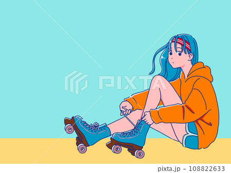 ローラースケートを履く女の子 レトロポップなアニメ調 ローラースケートを履く女の子 レトロポップなアニメ調 108822633