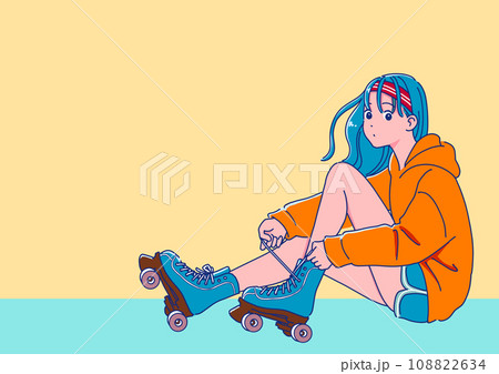 ローラースケートを履く女の子　レトロポップなアニメ調 108822634