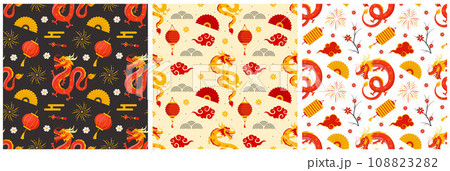 Happy Chinese New Year 2024 Seamless Pattern Design. Translation : Year of the Dragon. with Lantern, Dragons and China Elements in Flat Illustration Happy Chinese New Year 2024 Seamless Pattern Design. Translation : Year of the Dragon. with Lantern, Dragons and China Elements in Flat Illustration 108823282